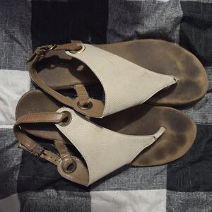 Women's Beige and Brown Leather-Trim Sandals